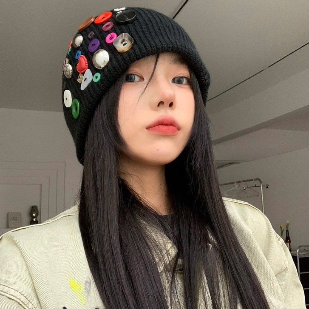 Beanie Cuffed Knit - Trendy Colorful Button Beanie Hat Irregular